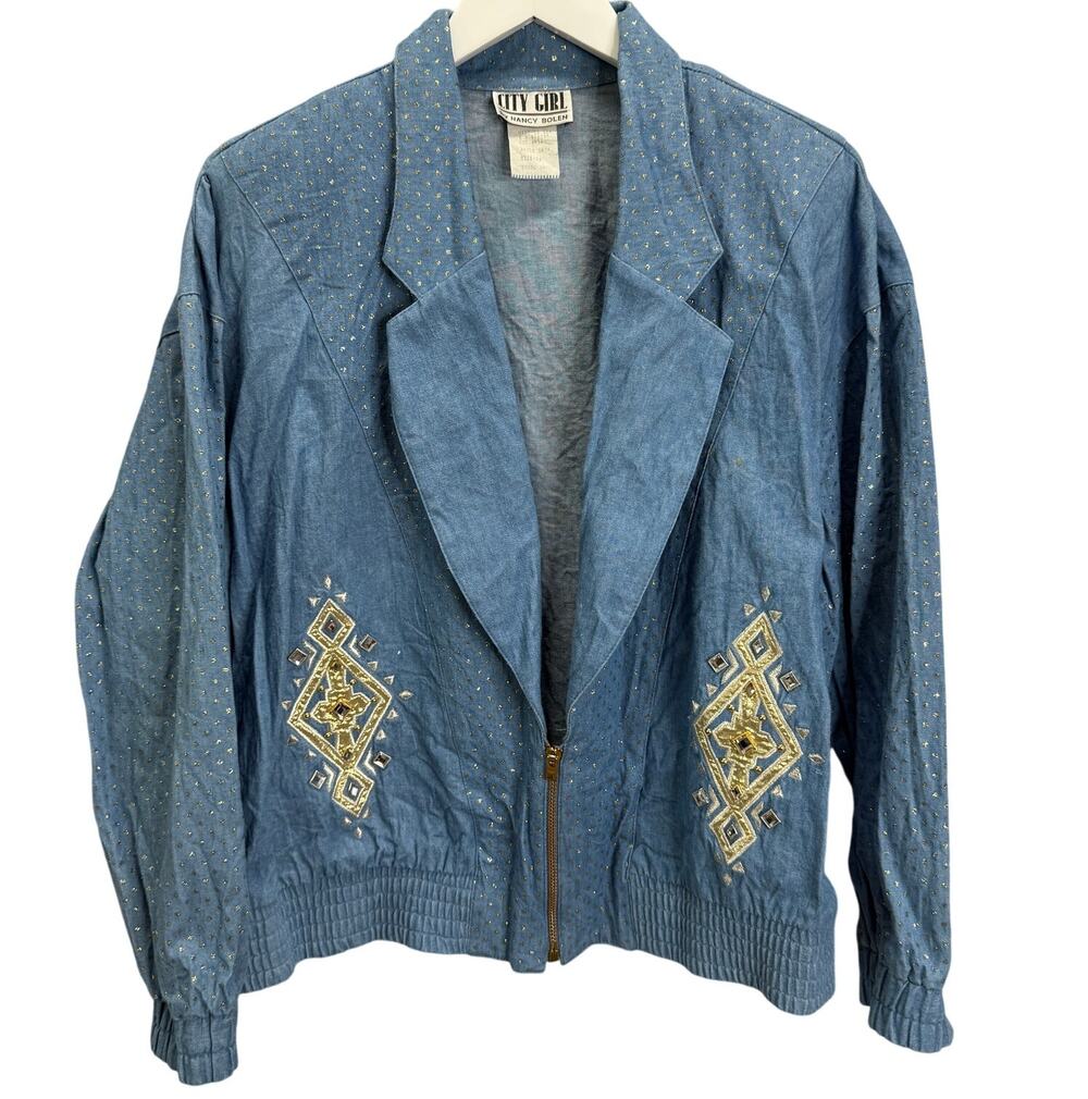 Vintage City Girl by Nancy Bolen Denim Gold Sparkle Jacket Size 14 XL Embellish
